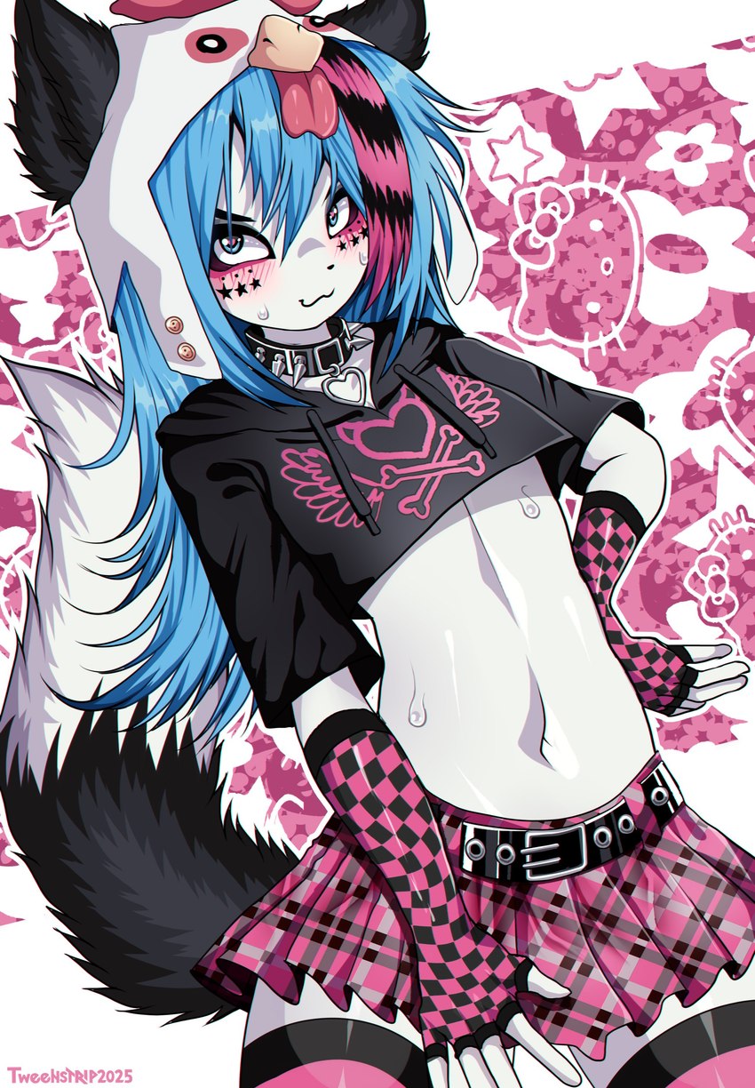 5_fingers alternative_fashion ambiguous_gender anthro armwear black_clothing black_collar black_ears black_nose black_topwear blue_eyes blue_hair bodily_fluids bottomwear clothed clothing collar crop_top emo fingers fluffy fluffy_tail fur hair handwear headgear heart_pupils legwear looking_at_viewer navel pattern_armwear pattern_clothing pattern_handwear scene_(fashion) shirt skirt solo spiked_collar spikes sweat tail topwear white_body white_fur tweenstrip moisha_(tweenstrip) canid canine canis fox mammal marble_fox red_fox true_fox absurd_res hi_res male_(lore)