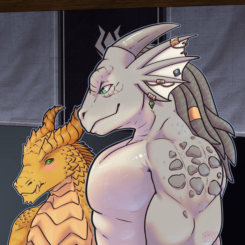 blush duo gold_scales grey_body grey_scales horn male scales conditional_dnp nakoo girl_staring_at_man's_chest mythology dragon mythological_creature mythological_scalie scalie 1:1 2023 hi_res tagme