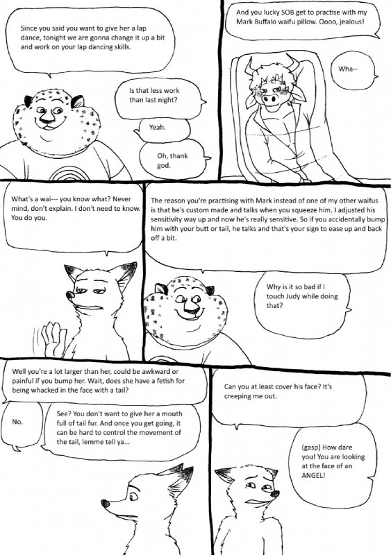 anthro clothing dialogue duo fanboy fur male pillow simple_background smile speech_bubble text white_background bernielover disney zootopia benjamin_clawhauser nick_wilde canid canine cheetah felid feline fox mammal red_fox true_fox black_and_white comic english_text hi_res monochrome