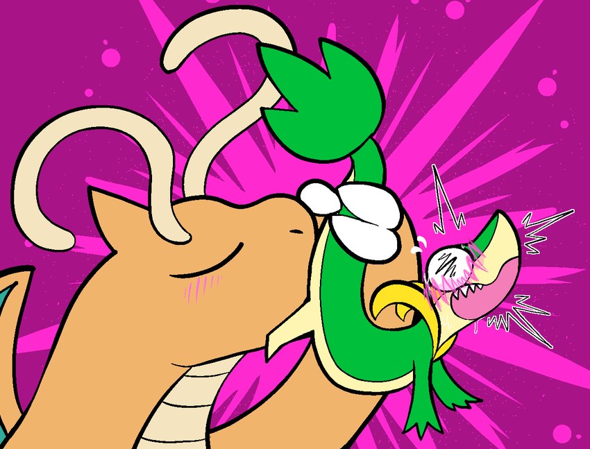 blush blush_lines duo eyes_closed fangs feral green_body green_tail holding_tail kissing mouth_on_butt open_mouth oral orange_body purple_background raised_tail simple_background size_difference tail teeth wings trout_(artist) nintendo pokemon dragonite generation_1_pokemon generation_5_pokemon pokemon_(species) snivy 2024 digital_drawing_(artwork) digital_media_(artwork)