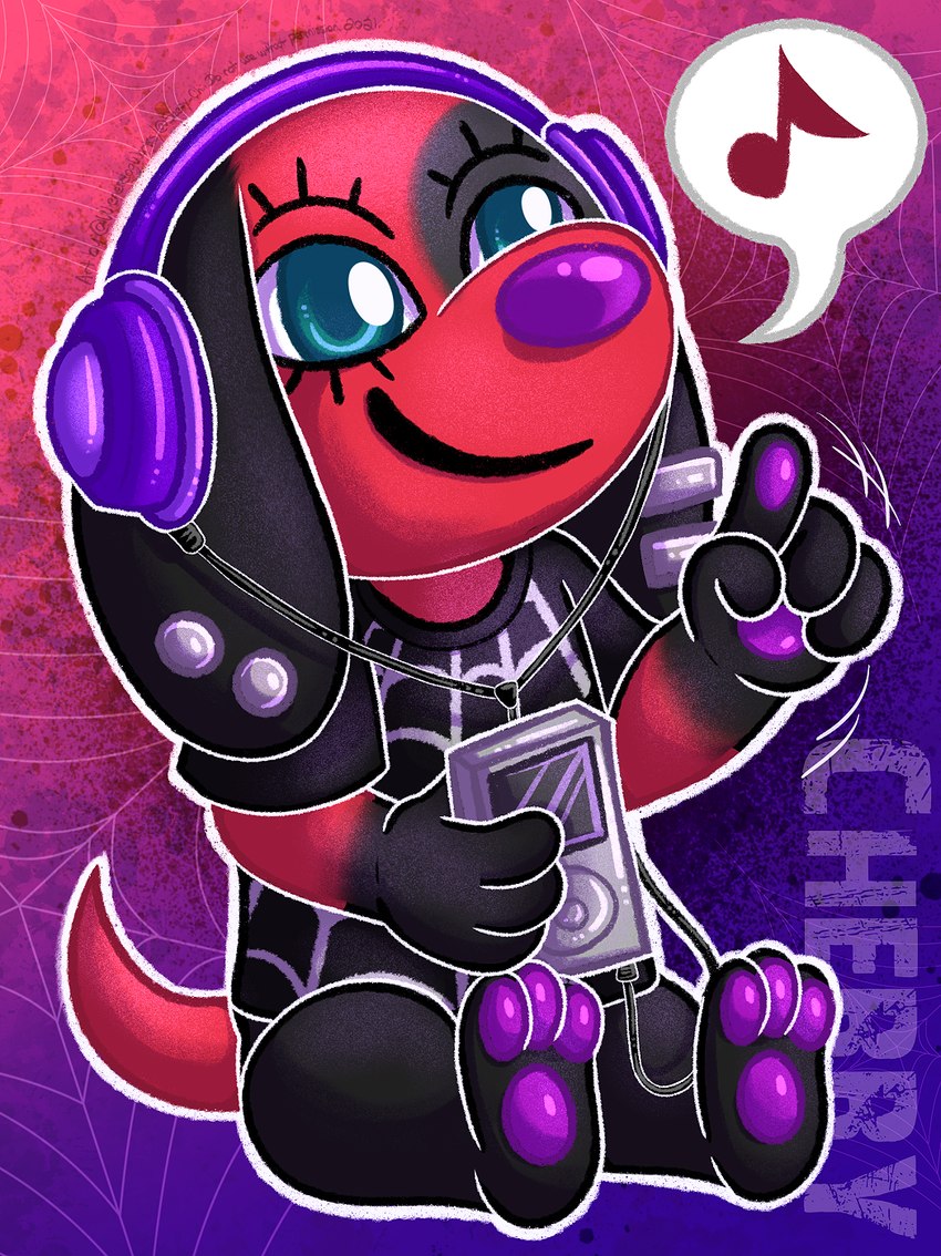 anthro black_clothing black_ears blue_eyes clothed clothing ear_piercing electronics eyelashes female gloves_(marking) headphones markings multicolored_body musical_note musical_symbol pawpads piercing portable_music_player purple_headphones purple_nose purple_pawpads red_body red_tail smile solo spider_web symbol tail two_tone_body wienerdogworks animal_crossing apple_inc. ipod nintendo cherry_(animal_crossing) canid canine canis domestic_dog mammal 2022 digital_drawing_(artwork) digital_media_(artwork) full-length_portrait hi_res portrait