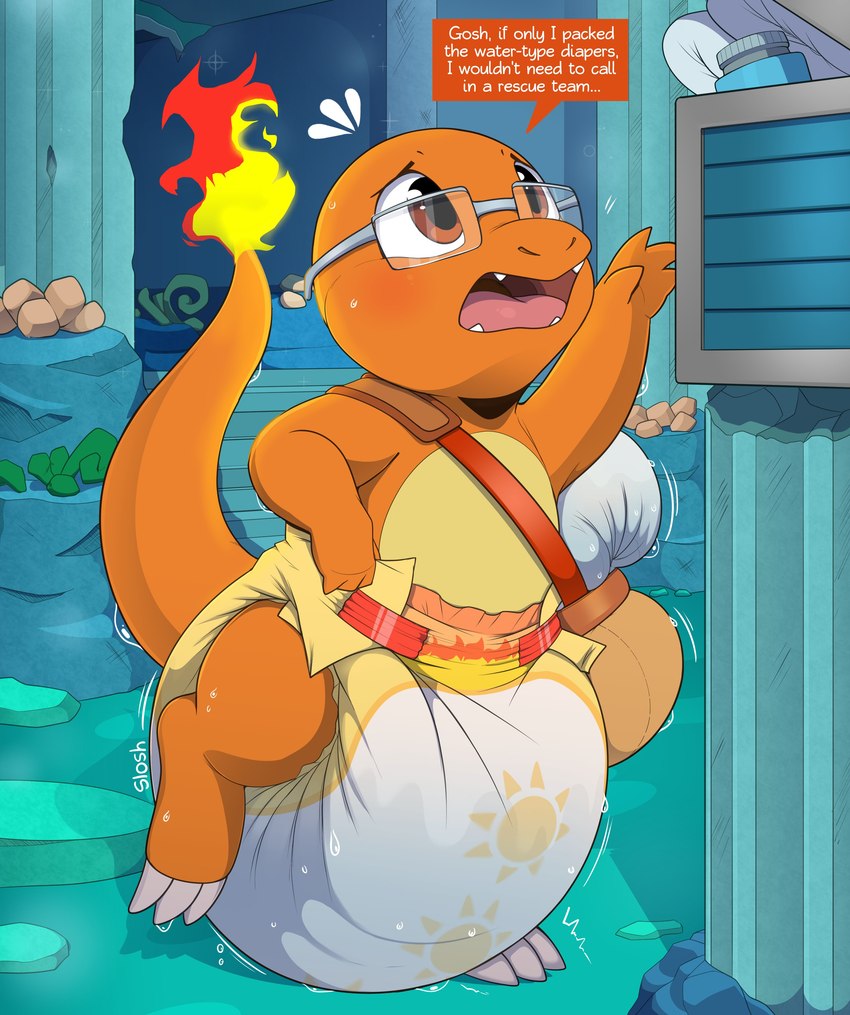 Rule 34 Dev - general:[ambiguous_gender baby_powder blush  bodily_fluids claws clothed clothing dialogue diaper  distressed eyewear feral fire genital_fluids glasses  open_mouth pattern_diaper reaching solo ...