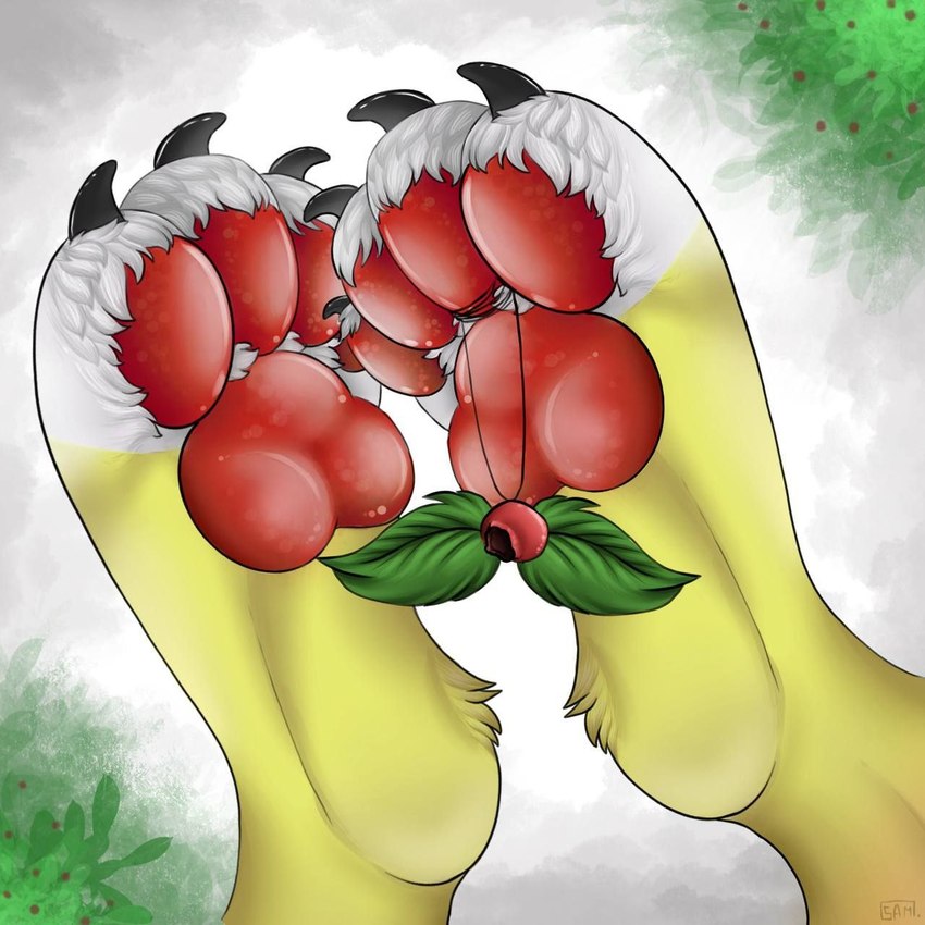 anthro feet female foot_focus fur holidays multicolored_body multicolored_fur pawpads paws plant red_pawpads solo toes white_toes yellow_body yellow_fur samuelwolfo christmas plush_(character) domestic_cat felid feline felis mammal 1:1 hi_res