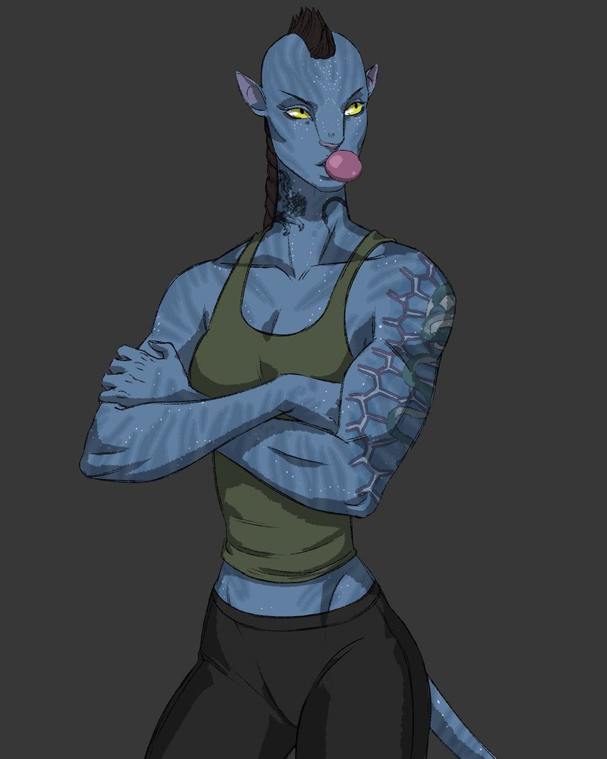 arm_tattoo blue_body blue_skin chewing_gum clothing crossed_arms female grey_background military_uniform mohawk neck_tattoo simple_background solo tail tattoo uniform yellow_eyes unknown_artist james_cameron's_avatar zdinarsk alien alien_humanoid animal_humanoid felid felid_humanoid feline feline_humanoid humanoid hybrid mammal mammal_humanoid na'vi recombinant_(avatar) 4:5 hi_res