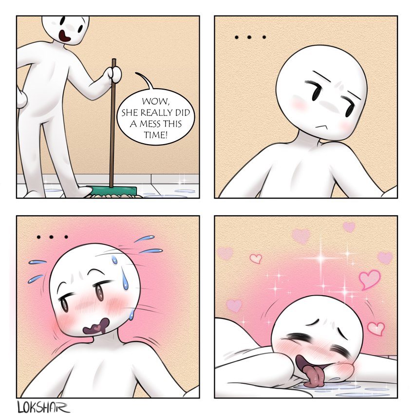 bodily_fluids broom cleaning_tool comic_panel dialogue heart_symbol inside licking male not_furry open_mouth solo sparkles text tongue white_body ultama_lokshar_(artist) bod human mammal 1:1 comic english_text hi_res tagme