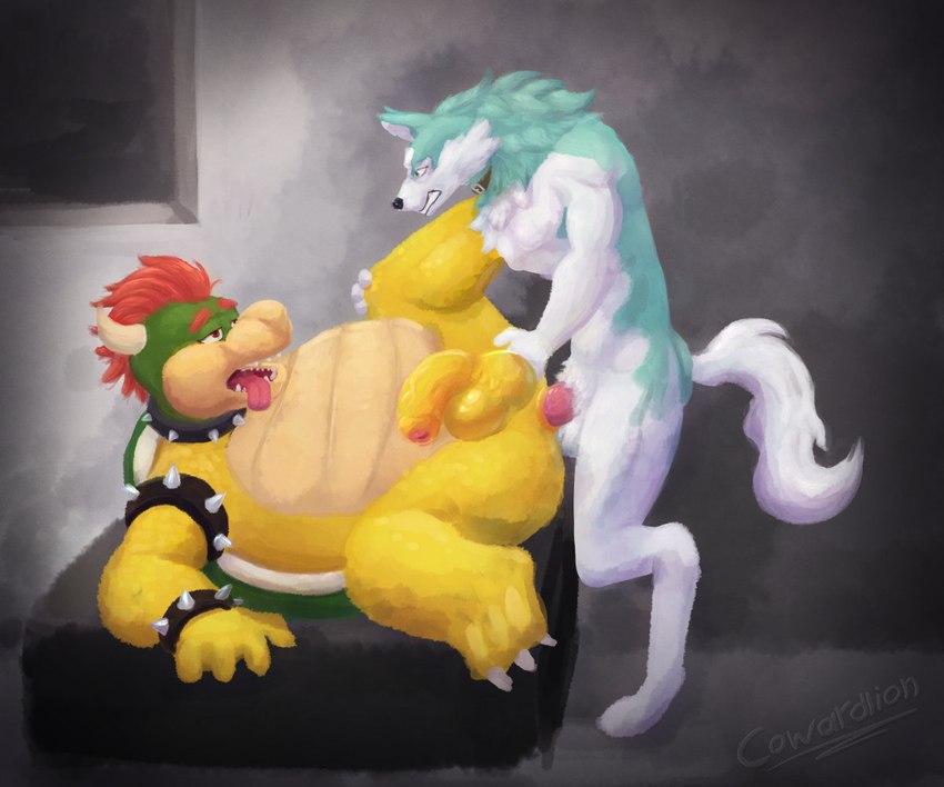 anal anal_penetration anthro balls bracelet collar duo erection fur genitals hair jewelry male male/male open_mouth penetration penis simple_background spiked_bracelet spiked_collar spikes tongue tongue_out cowardlion brand_new_animal mario_bros nintendo studio_trigger bowser shirou_ogami canid canine canis koopa mammal scalie wolf 6:5