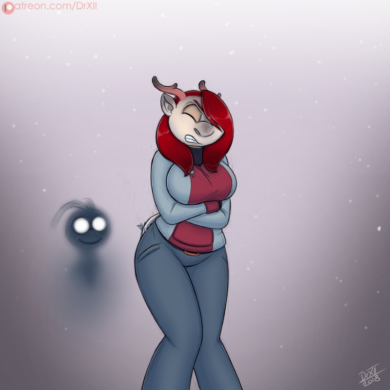 anthro antlers beak big_breasts breasts clothed clothing corruption duo female green_eyes hair horn mutagen mutation red_hair simple_background snow transformation drxii frosti_loxxxe katherine_(drxii) avian bird human mammal penguin 1:1 2018 digital_media_(artwork) hi_res