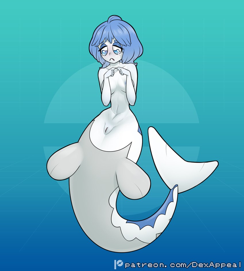 blue_eyes blue_hair bodily_fluids breasts female fin genitals hair nipples nude pokemorph pussy simple_background slim solo split_form tail tail_fin tears white_body dex_appeal nintendo pokemon fish generation_7_pokemon humanoid marine merfolk pokemon_(species) wishiwashi wishiwashi_(solo_form) hi_res