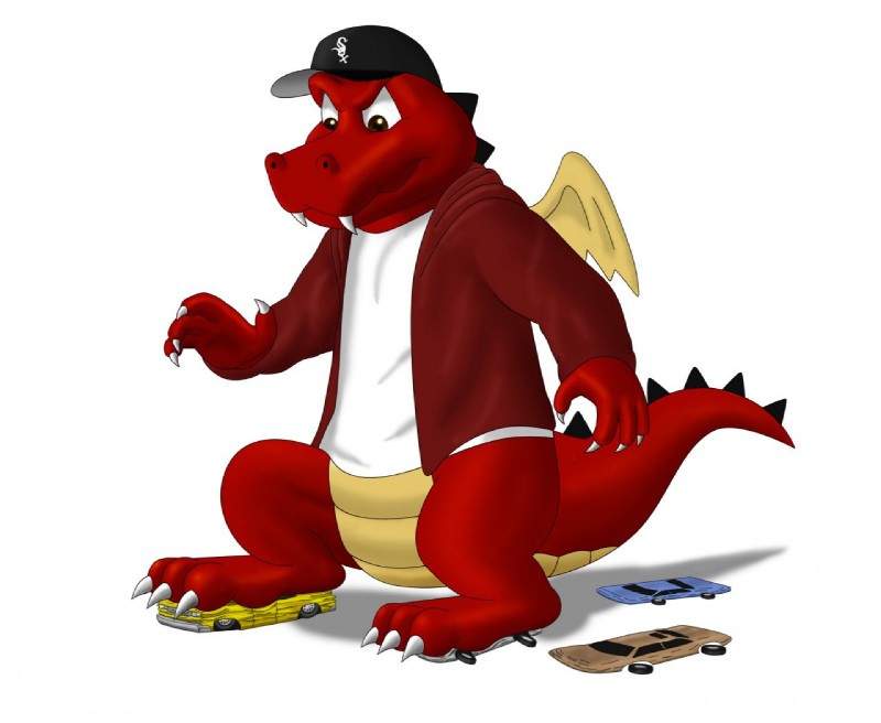 bottomless brown_eyes car clothed clothing destruction fangs jacket macro male red_body simple_background solo stomping tail teeth topwear vehicle white_background dj-rodney mythology dragon mythological_creature mythological_scalie scalie 2009