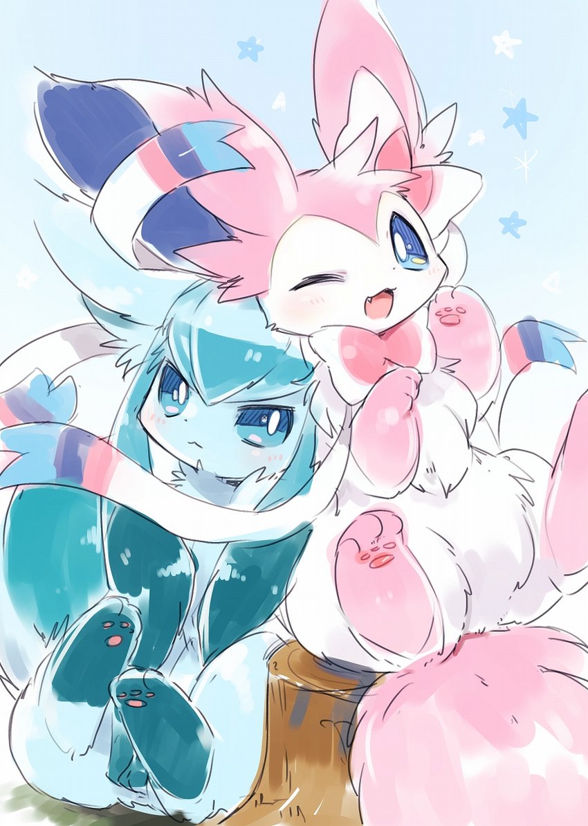 :3 ambiguous_gender blue_background blue_body blue_ears blue_eyes blue_fur blue_hair blue_inner_ear blue_tail bow_(anatomy) chest_tuft cute_fangs duo ear_bow_(anatomy) featureless_crotch feral fluffy fluffy_tail front_view fur hair head_tuft kemono leg_markings long_hair looking_at_viewer markings monotone_tail multicolored_body multicolored_fur multicolored_hair neck_bow_(anatomy) no_sclera nude on_stump one_eye_closed pattern_background pawpads paws pink_body pink_ears pink_fur pink_pawpads pink_tail pupils quadruped ribbons simple_background sitting socks_(marking) star-shaped_background star_polygon tail tree_stump tuft two_tone_body two_tone_fur two_tone_hair white_body white_fur white_pupils white_ribbon wink suppainu nintendo pokemon canid eeveelution generation_4_pokemon generation_6_pokemon glaceon mammal pokemon_(species) sylveon colored digital_media_(artwork) full-length_portrait hi_res portrait shaded