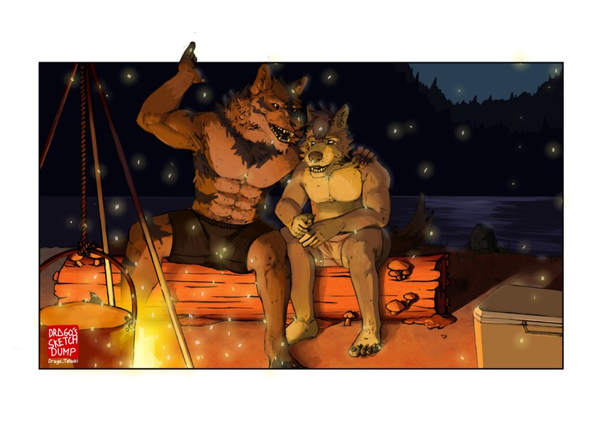 anthro bottomwear campfire clothing duo male male/male muscular night shorts smile smirk underwear young drago_tatsuki_(artist) alex_nightmurr tristan_(alex_nightmurr) canid canine canis mammal wolf absurd_res hi_res father_(lore) father_and_child_(lore) father_and_son_(lore) parent_(lore) parent_and_child_(lore) parent_and_son_(lore) son_(lore)