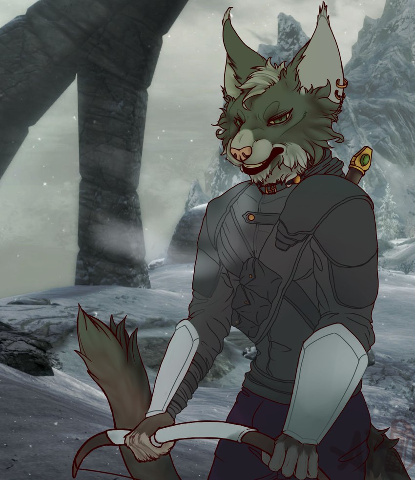 anthro armor black_body black_fur bow_(weapon) breath button_(fastener) cheek_tuft chin_tuft clothing cold ear_piercing ear_tuft facial_tuft fur gauntlets gloves green_eyes handwear head_tuft inner_ear_fluff leather leather_armor male piercing pink_nose pouches ranged_weapon screencap screencap_background shoulder_guards snow solo tail tuft weapon white_body white_fur winter todviorns bethesda_game_studios microsoft skyrim the_elder_scrolls domestic_cat felid feline felis khajiit mammal hi_res