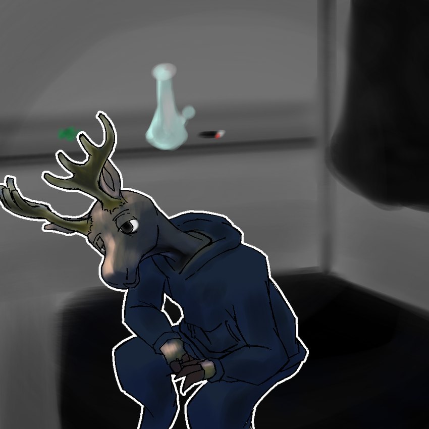 anthro antlers bed bedroom bong bottomwear brown_body clothed clothing drugs fingers furniture hooved_fingers hooves horn inside lighter male marijuana outline pants solo sweater sweatpants topwear wall_(structure) c2d2 deer humanoid mammal moose new_world_deer 1:1 digital_media_(artwork) shaded