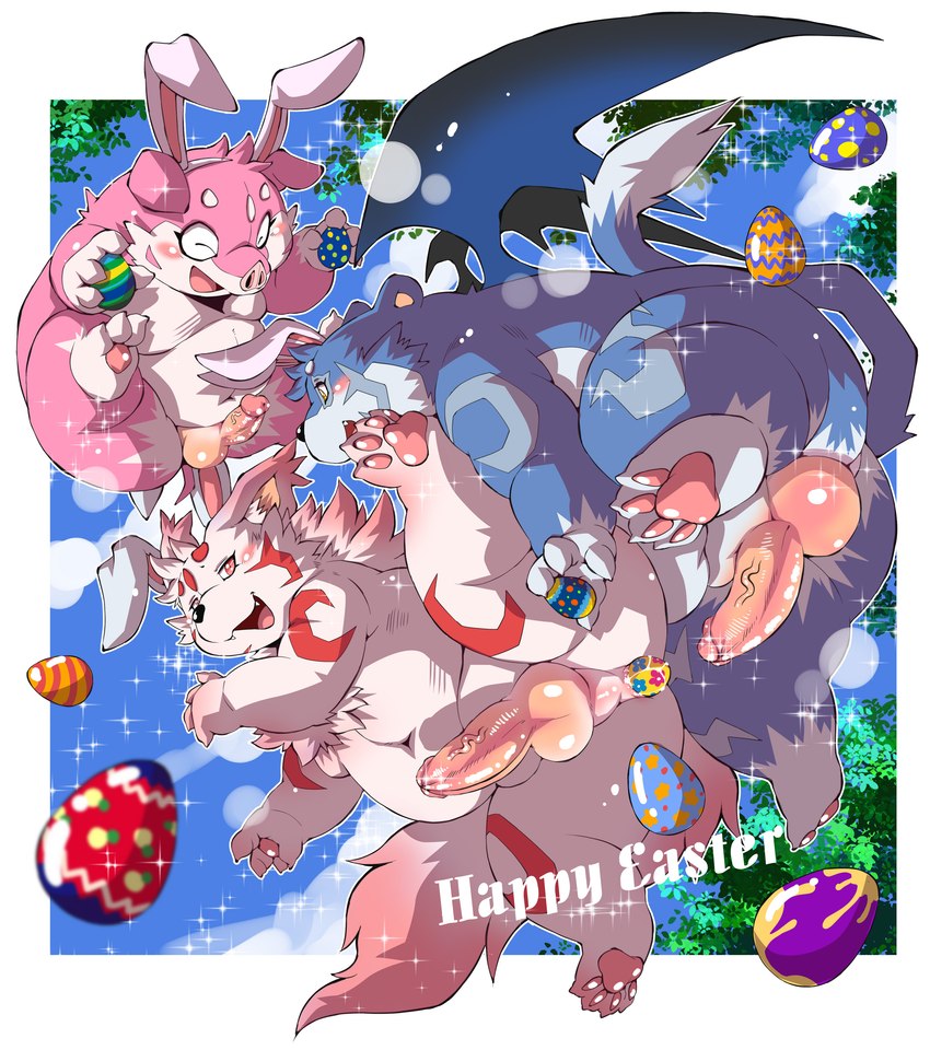 anthro balls belly blue_body blue_fur blush border chest_tuft claws countershading easter_egg egg egg_in_ass egg_insertion erection fake_ears fake_rabbit_ears fangs foreskin fur fur_markings genitals glans group holding_egg holding_object holidays humanoid_genitalia humanoid_penis looking_at_another looking_back male male/male markings navel nude overweight overweight_anthro overweight_male pawpads paws penis pink_body pink_fur plant raised_leg red_body red_eyes red_fur red_markings retracted_foreskin sky sky_background smile sparkles spread_legs spreading tail teeth text toe_claws trio tuft vein veiny_penis white_body white_border white_fur wings yellow_eyes chibineco easter bear canid canine canis domestic_dog domestic_pig mammal suid suina sus_(pig) absurd_res english_text hi_res