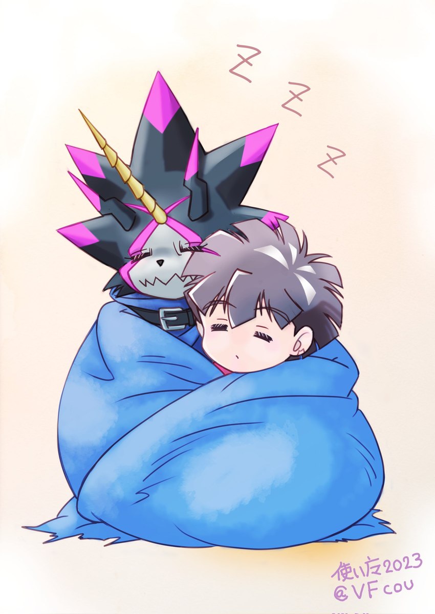 anthro black_body brown_hair cuddling duo hair male sleeping vfcou bandai_namco digimon digimon_ghost_game hiro_amanokawa digimon_(species) gulusgammamon human mammal hi_res