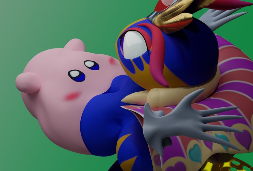 ambiguous_gender anthro big_breasts big_mouth_(anatomy) blue_eyes body_deformation breast_play breast_suck breasts clothed clothing duo female mouth_on_breast multicolored_body multicolored_skin pink_body pink_skin round_body sucking surprise topless jawsfm kirby_(series) nintendo kirby queen_sectonia arthropod bee hymenopteran insect 3d_(artwork) blender_(artwork) digital_media_(artwork) hi_res