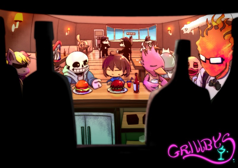 ambiguous_gender anthro bar bone clothing eyewear fire food glasses group male skeleton smile nyusu_ut undertale undertale_(series) frisk_(undertale) grillby sans_(undertale) animated_skeleton elemental_creature elemental_humanoid fire_creature human humanoid mammal undead