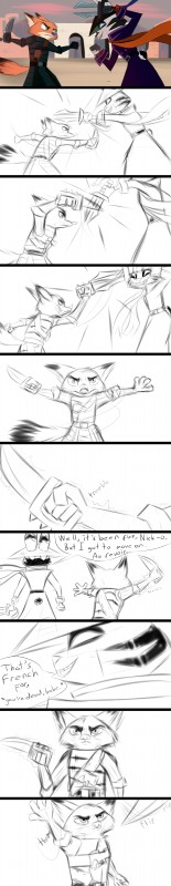 ambiguous_gender fight machine male text gokhan16 disney samurai_jack zootopia jack_savage nick_wilde samurai_jack_(character) scaramouche_(samurai_jack) canid canine fox lagomorph leporid mammal rabbit red_fox robot true_fox absurd_res comic crossover english_text hi_res long_image tall_image