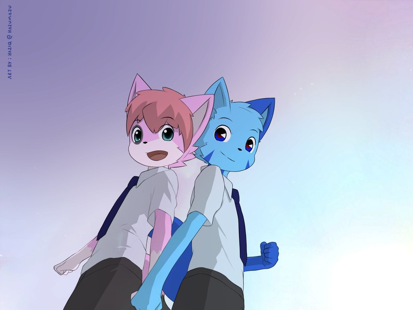 anthro black_bottomwear black_clothing blue_arms blue_body blue_ears blue_eyes blue_fingers blue_fur blue_hands bottomwear clothed clothing duo fingers fully_clothed fur hair necktie tongue young young_anthro hazumazu haziq_(hazumazu) naz_namaki_(cynxie) domestic_cat felid feline felis mammal 2023 4:3 hi_res