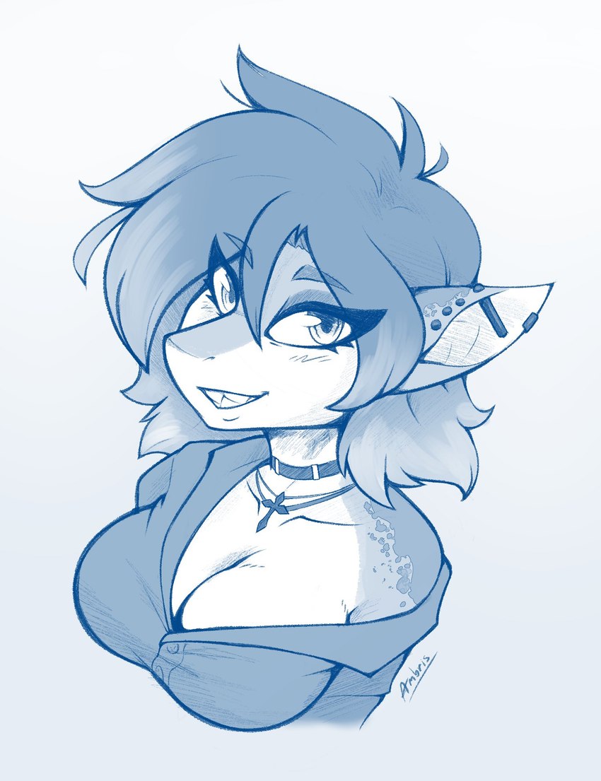 anthro breasts choker cleavage clothed clothing ear_piercing eyebrow_through_hair eyebrows eyelashes female grin hair industrial_piercing jewelry looking_at_viewer necklace piercing short_hair smile solo translucent translucent_hair ambris erika_(ambris) fish marine shark 2022 hi_res monochrome