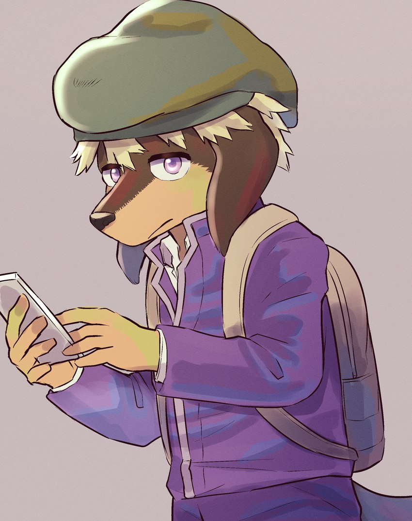 anthro backpack beanie brown_body brown_fur clothing electronics fur grey_background hair half-closed_eyes hat headgear headwear holding_object holding_phone looking_at_viewer male narrowed_eyes phone purple_eyes school_uniform serious shirt simple_background solo topwear uniform white_clothing white_shirt white_topwear young young_anthro young_male gabobon05 dach_(gabobon) canid canine canis dachshund domestic_dog hunting_dog mammal 2020 absurd_res hi_res