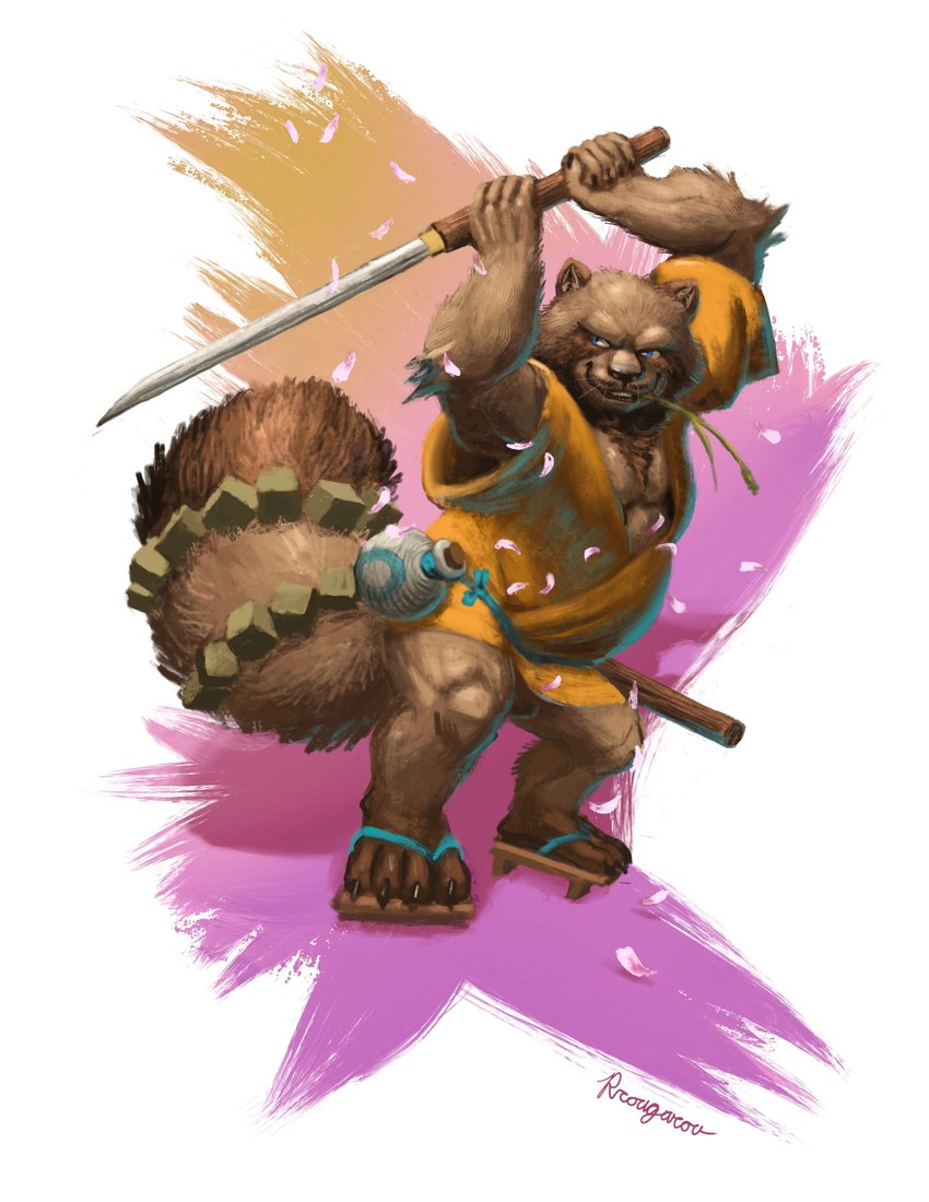 anthro biped brown_body brown_fur clothed clothing footwear fur male sandals shoes slightly_chubby solo weapon rrougarou1 dragon_quest square_enix canid canine mammal raccoon_dog ronin_raccoon tanuki 2024 absurd_res hi_res