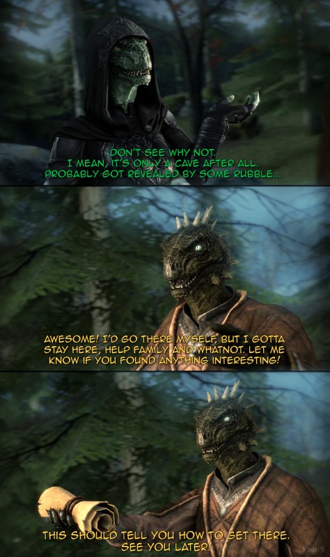 anthro armor clothed clothing dialogue female forest fully_clothed hoodie male outside plant sky standing text topwear tree bizzyniz bethesda_game_studios microsoft skyrim the_elder_scrolls argonian reptile scalie 2016 3d_(artwork) absurd_res comic detailed digital_media_(artwork) english_text hi_res source_filmmaker_(artwork)