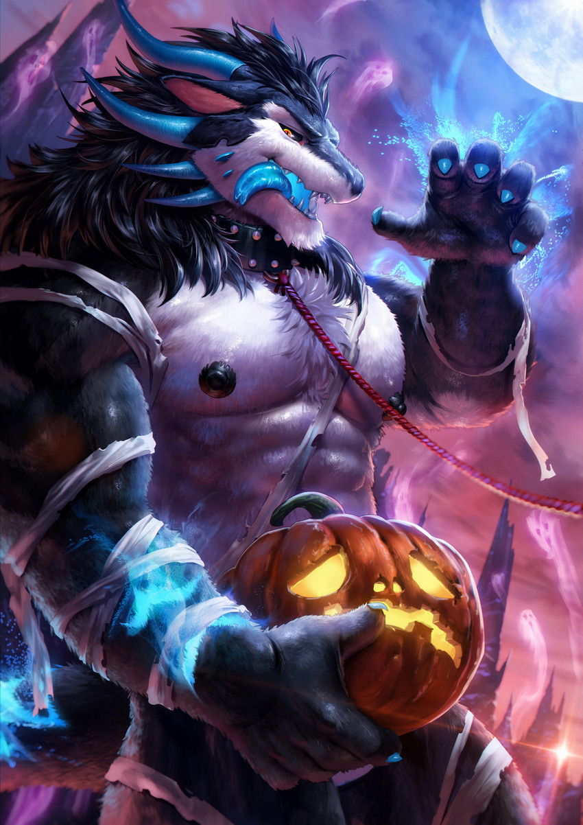 5_fingers anthro bandage barazoku black_body black_fur black_hair blue_claws blue_horn chest_tuft claws collar collar_only convenient_censorship dark detailed_background fingers food fruit fur grin hair holding_object holidays horn jack-o'-lantern leash light looking_at_viewer male moon moonlight mountain multicolored_body multicolored_fur muscular muscular_anthro muscular_male night nipples nude orange_eyes plant pumpkin rope smile solo spade_tongue standing studded_collar studs tail teeth tongue tongue_out tuft two_tone_body two_tone_fur white_body white_fur nviek5 halloween mythology hhl_castro dragon furred_dragon furred_scalie ghost mythological_creature mythological_scalie scalie spirit 2020 detailed digital_media_(artwork) hi_res