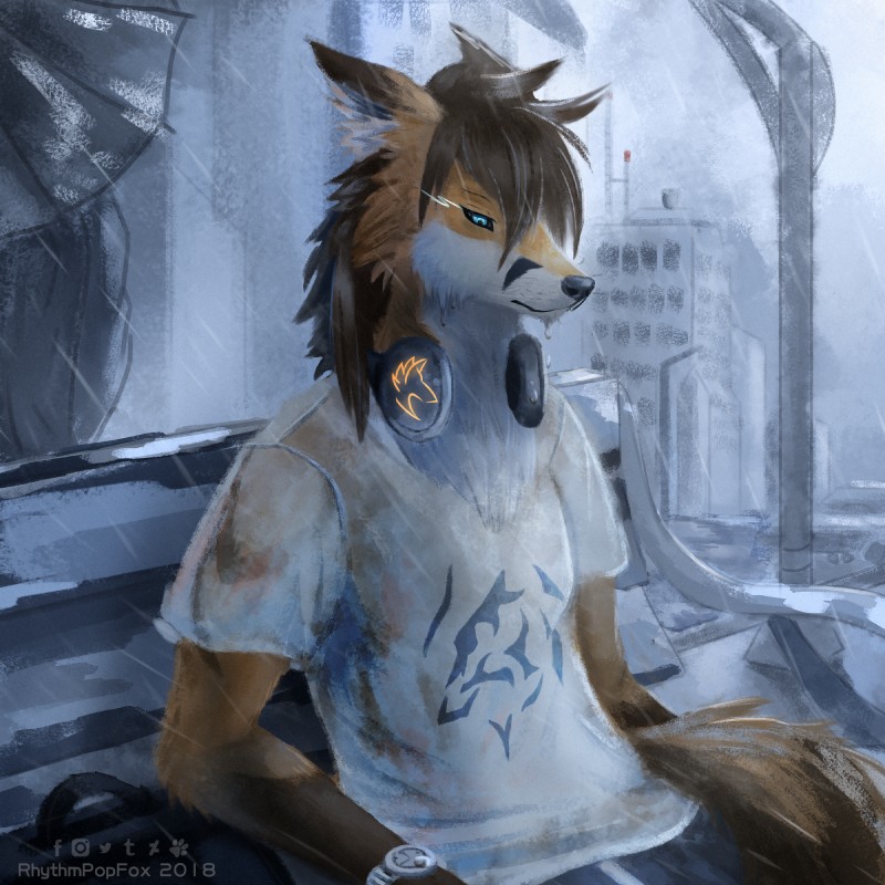 anthro bench biped black_markings black_nose blue_eyes brown_body brown_ears brown_fur brown_hair clock clothing detailed_background detailed_fur deviantart_logo dipstick_ears ear_markings electronics facebook_logo fur furaffinity_logo gloves_(marking) hair headphones instagram_logo leaning male markings multicolored_body multicolored_ears multicolored_fur orange_body orange_ears orange_fur raining shirt short_hair sitting solo t-shirt topwear tumblr_logo twitter_logo two_tone_ears watch wet white_body white_fur rhythmpopfox deviantart facebook furaffinity instagram tumblr twitter canid canine fox mammal 1:1 2018 detailed half-length_portrait hi_res portrait