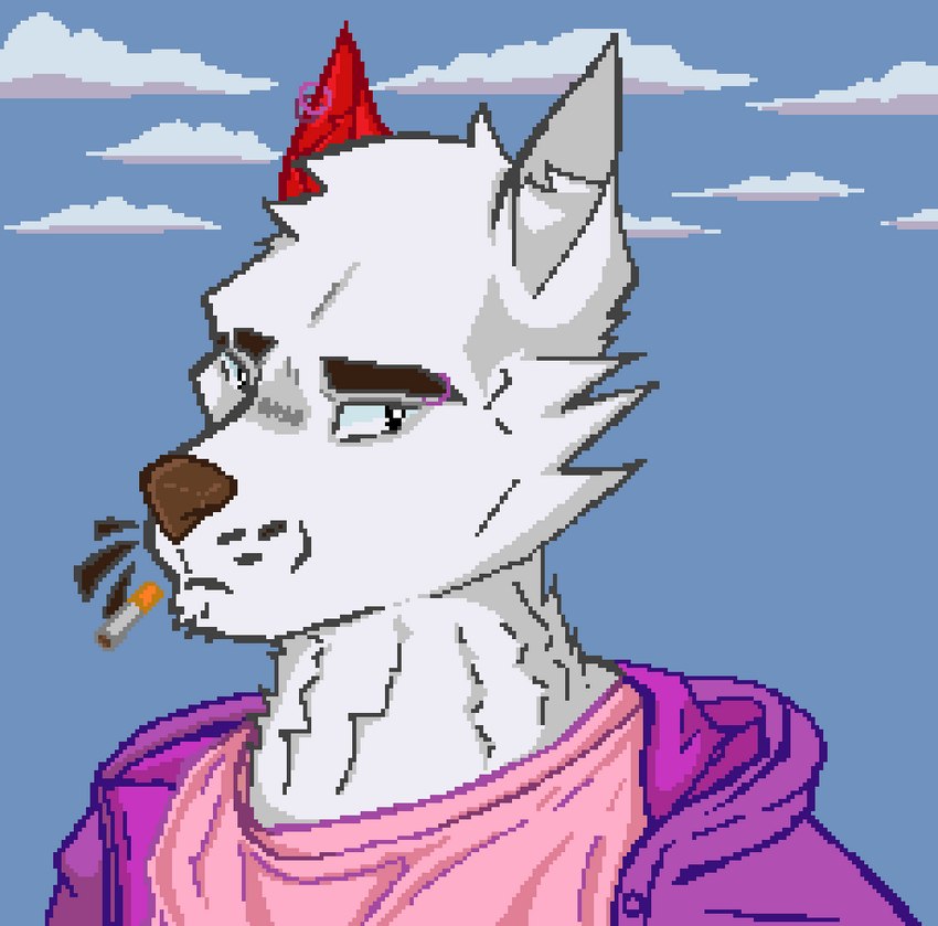 anthro cigarette clothing ear_piercing eyebrow_piercing eyebrows facial_piercing fur hoodie inner_ear_fluff looking_back male markings piercing pixelated pupils red_body red_fur shirt slit_pupils solo t-shirt topwear tuft whisker_markings whisker_spots whiskers white_body white_fur arkdoggo arkdoggo_(character) berger_blanc_suisse canid canine canis domestic_dog herding_dog mammal pastoral_dog digital_media_(artwork) microsoft_paint_(artwork) pixel_(artwork)