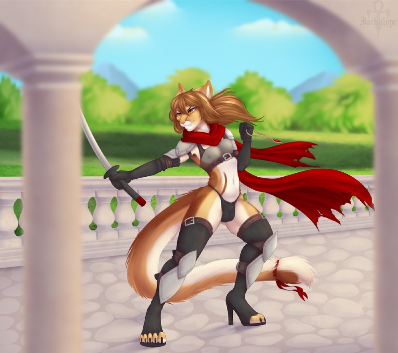 adventure anthro boots clothed clothing crossdressing femboy footwear gloves handwear high_heels leather male melee_weapon paws shoes sword thief weapon jackalope_(artist) ashley_(shadowolfox) domestic_cat felid feline felis mammal