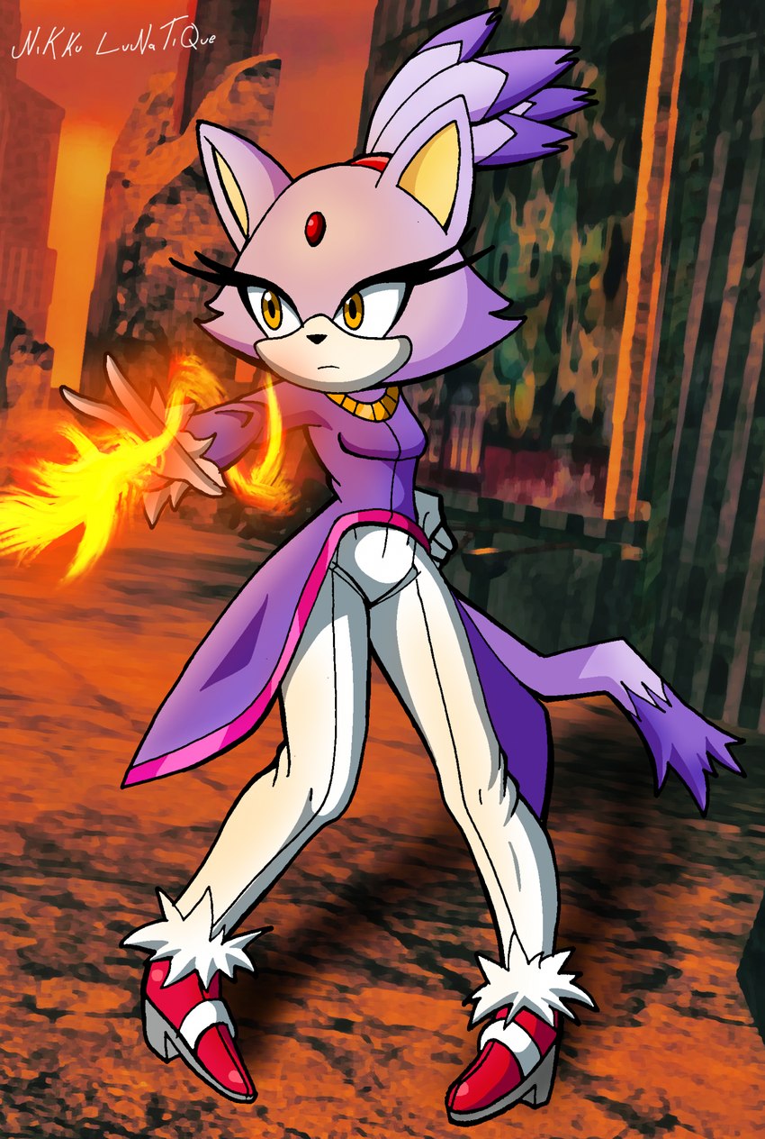 anthro building clothing elemental_manipulation female fire fire_manipulation fist footwear fur gloves hair handwear high_heels jewelry necklace purple_body purple_clothing purple_fur purple_hair red_clothing ruins shoes solo standing tail tied_hair white_body white_clothing white_fur yellow_eyes nikku_lunatique sega sonic_the_hedgehog_(series) blaze_the_cat domestic_cat felid feline felis mammal hi_res