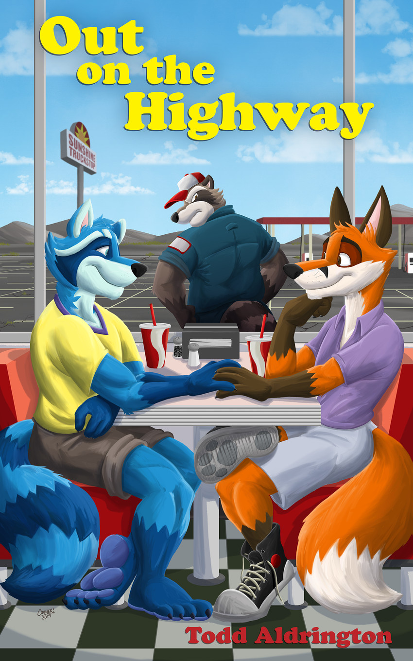 blue_body blue_fur clothing diner duo feet footwear fur hand_holding male novel red_body red_fur restaurant shoes cooner colton_vincent_(character) oran_aldrington_(character) todd_aldrington_(character) canid canine fox mammal procyonid raccoon 5:8 absurd_res hi_res