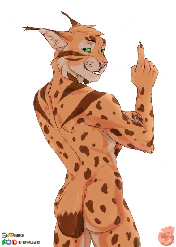 5_fingers anthro butt countershading fingers fur green_eyes looking_at_viewer male nude orange_body orange_fur pink_nose smile solo striped_body striped_fur stripes tan_body tan_fur teeth nerton felid feline lynx mammal 2019 absurd_res digital_media_(artwork) hi_res