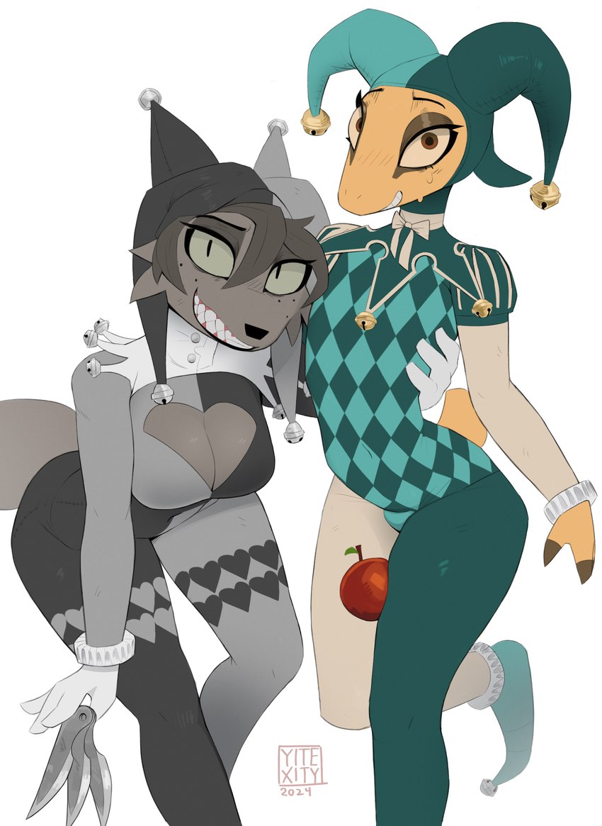 anthro apple bell biped black_nose bodysuit bow_ribbon breasts brown_eyes checkered checkered_clothing cheek_tuft cleavage_cutout clothed clothing cutout duo facial_tuft female femboy food fool's_hat freckles fruit fur gloves green_eyes hair handwear hat headgear headwear heart_symbol jester_outfit legwear logo looking_at_viewer male male/female markings pattern_clothing plant simple_background skinsuit tail teeth throwing_knife tight_clothing tights tuft yellow_body yellow_fur yitexity glass_(tinderkell) zeb_(tinderkell) antelope bovid canid canine fox mammal 2024 hi_res