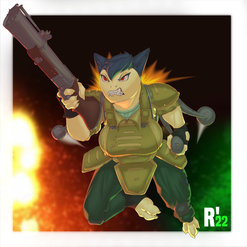 anthro breasts cleavage clothed clothing female flying grenade_launcher gun holding_object holding_ranged_weapon holding_weapon jet_pack kranuhiisi m79 ranged_weapon weapon redeyedwolf nintendo noita pokemon springfield_armory generation_2_pokemon hiisi pokemon_(species) typhlosion 1:1 hi_res