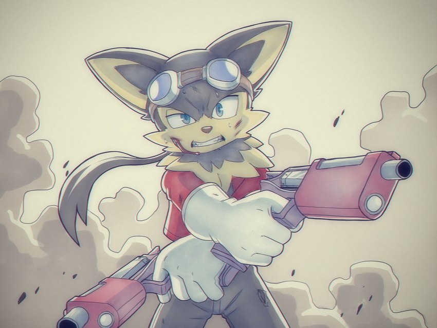 action_pose anthro blood blood_on_face bodily_fluids dual_wielding gun handgun holding_gun holding_handgun holding_object holding_pistol holding_ranged_weapon holding_weapon male pistol pistols pose ranged_weapon solo weapon wounded glairedaggers bandai_namco klonoa_(series) guntz canid canine canis mammal wolf 4:3 hi_res