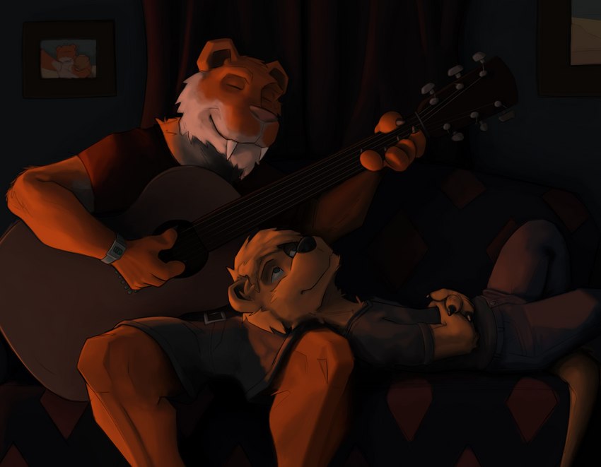 acoustic_guitar anthro bottomwear cargo_shorts clock clothing fur furniture guitar head_on_lap lying male musical_instrument on_back on_lap orange_body orange_fur plucked_string_instrument shirt shorts sofa stiting string_instrument teeth topwear watch madrathefox canid canine felid fox mammal pantherine tiger