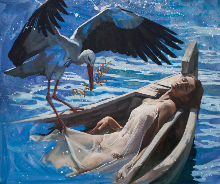 ambiguous_gender beak boat branch breasts brown_hair clothing duo eyes_closed female feral hair iridescent iridescent_dress iridescent_feathers mostly_nude nipples pubes translucent translucent_clothing undressing_another vehicle water watercraft gnevol avian bird human mammal stork hi_res oil_painting_(artwork) painting_(artwork) traditional_media_(artwork) traditional_painting_(artwork)