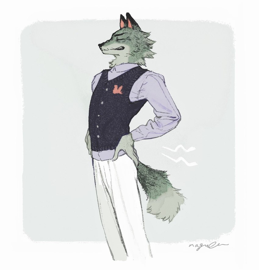 anthro bottomwear clothing dress_shirt fur grey_body grey_fur hands_on_hips male mature_anthro mature_male pants shirt simple_background solo standing topwear vest mucknagabe animal_crossing nintendo dobie_(animal_crossing) canid canine canis mammal wolf hi_res