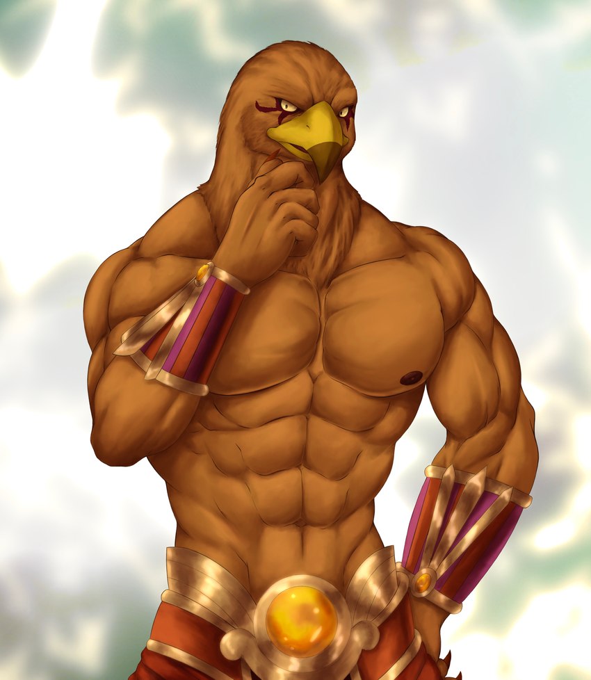 5_fingers abs anthro beak biceps biped brown_body brown_feathers brown_skin clothed clothing crown cuff_(restraint) egyptian egyptian_clothing egyptian_headdress feathers fingers furniture headgear light looking_at_viewer male muscular muscular_anthro muscular_male navel nipples pecs restraints solo sunlight topless topless_anthro topless_male underwear wrist_cuffs wristband yellow_eyes yellow_sclera chibikoma egyptian_mythology middle_eastern_mythology mythology smite ra_(smite) avian bird deity falcon falconid 2022 absurd_res digital_drawing_(artwork) digital_media_(artwork) half-length_portrait hi_res portrait