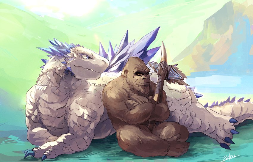 anthro blue_eyes claws duo female feral lying male male/female muscular muscular_male on_front quadruped resting scales simple_background sitting sleeping smile spikes tail thick_thighs white_body wide_hips zetou godzilla_(series) monsterverse toho king_kong shimo_(kaiju) ape gorilla haplorhine kaiju mammal monster primate scalie digital_media_(artwork)