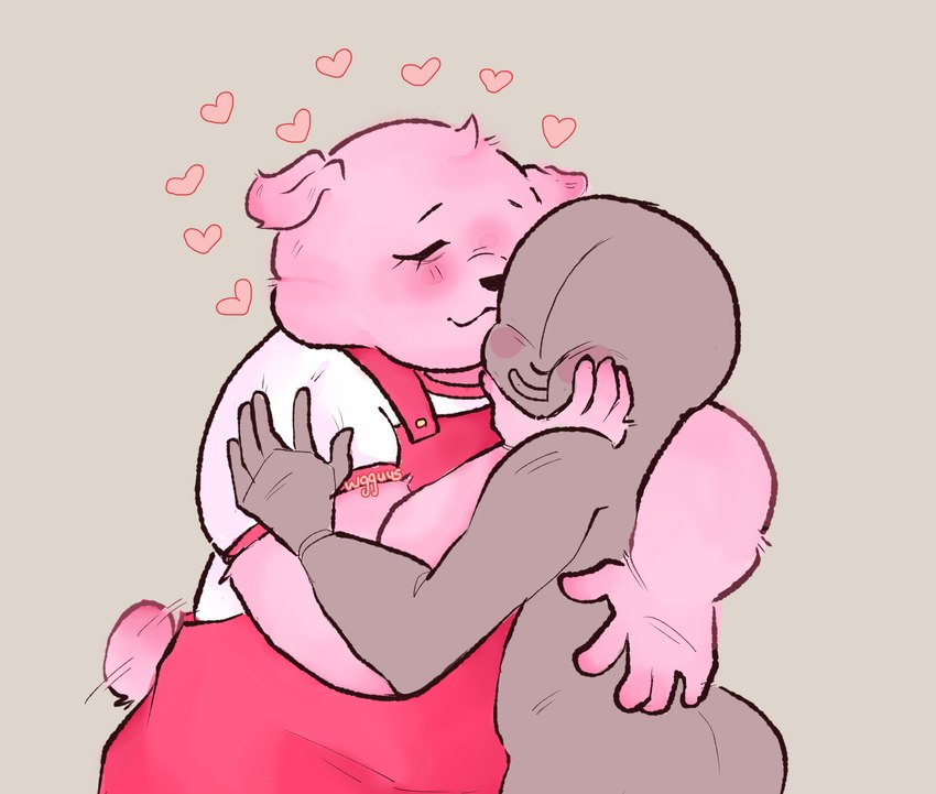 ambiguous_gender anthro biped blush clothing duo eyes_closed hug male male/ambiguous overalls overweight overweight_anthro overweight_male pink_body simple_background slightly_chubby tail tail_motion tailwag wgguus unicorn_wars gordi_(unicorn_wars) bear mammal 2023 hi_res