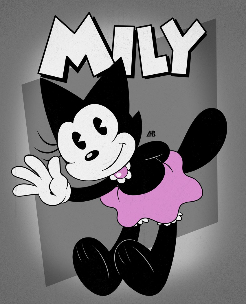 4_fingers anthro biped black_body black_eyes black_nose black_tail bottomwear closed_smile clothing female fingers gloves hand_behind_back handwear looking_at_viewer mouth_closed name_drop pink_bottomwear pink_clothing pink_skirt skirt smile solo tail text toony wave white_sclera white_text luanctoons mily_(luanctoons) domestic_cat felid feline felis mammal 2024 absurd_res english_text hi_res