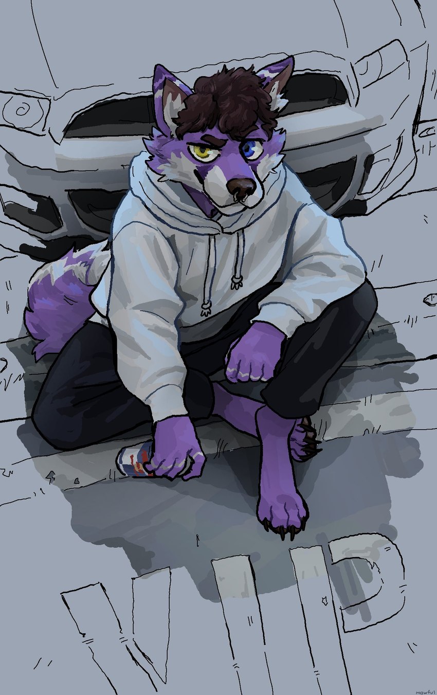 anthro barefoot beverage biped bottomwear brown_hair car clothed clothing detailed_background facial_piercing feet fur hair heterochromia holding_beverage holding_object hoodie looking_at_viewer male nose_piercing nose_ring piercing purple_body purple_eyes purple_fur ring_piercing solo topwear vehicle yellow_eyes mawfulme canid canine mammal 2021 hi_res