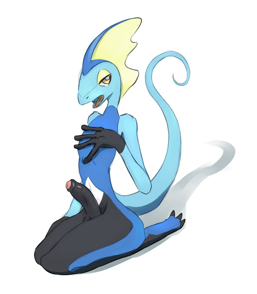 anthro blue_body genitals half-closed_eyes hand_on_chest kneeling looking_at_viewer male narrowed_eyes nude open_mouth penis simple_background solo tail katla_(artist) nintendo pokemon generation_8_pokemon inteleon pokemon_(species) absurd_res digital_media_(artwork) hi_res