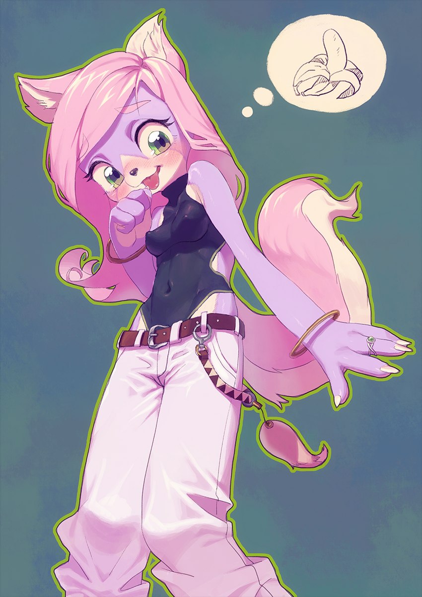 alternative_fashion anthro banana clothing female food fruit fur green_eyes hair kemono long_hair navel nipple_outline pink_hair plant purple_body purple_fur simple_background slim_anthro slim_female solo tail_keychain tight_clothing aruurara canid canine canis domestic_dog mammal hi_res