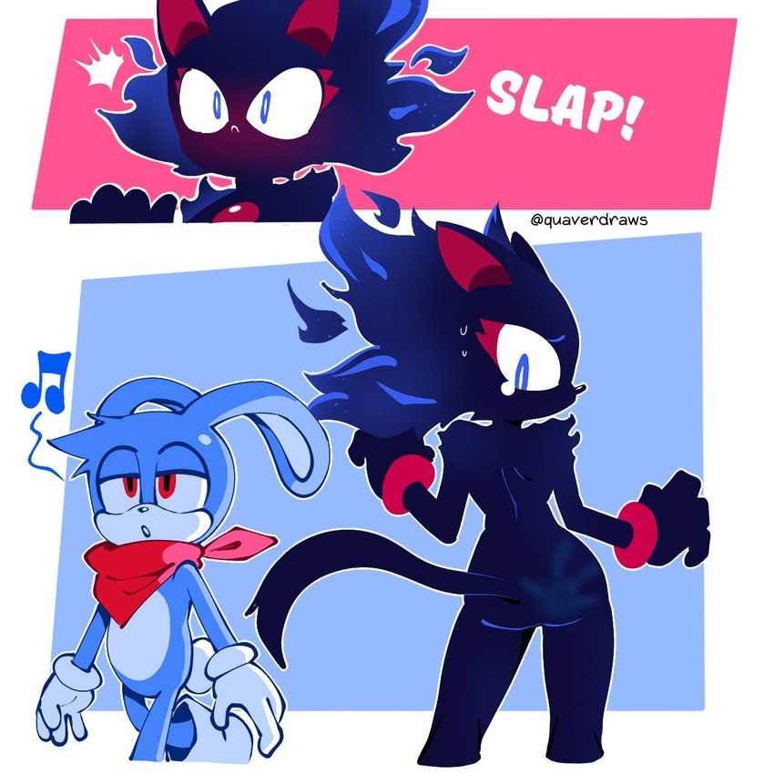 anthro blue_body blue_eyes blue_fur bodily_fluids butt clothing duo female fingers fire fur gloves hand_imprint hand_print hand_print_on_butt handwear imprint kerchief male male/female mouthless musical_note musical_symbol neckerchief neckwear red_eyes red_kerchief red_neckerchief scarf slap slap_mark sweat sweatdrop symbol tears whistling quavernsfw sega sonic_the_hedgehog_(series) cinder_the_fire_entity fan_character feels_the_rabbit proto_blaze rush_the_rabbit domestic_cat entity felid feline felis lagomorph leporid mammal rabbit 1:1 2025 comic digital_media_(artwork) hi_res