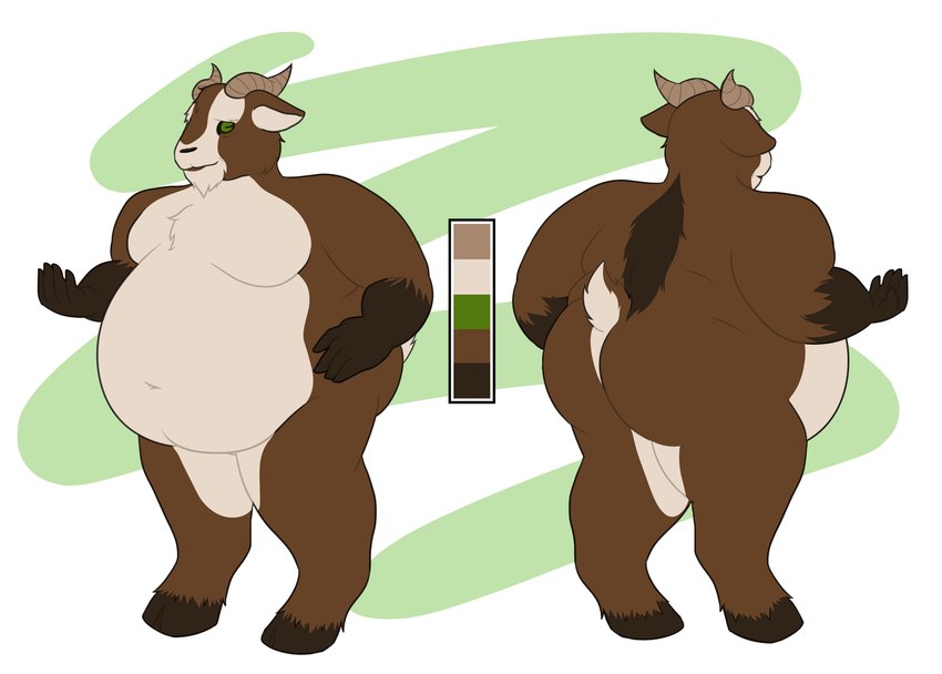 2_horns 5_fingers anthro belly bent_arm big_belly big_butt black_nose bovid_horn brown_body brown_fur brown_hooves brown_horn butt caprine_horn chest_tuft color_swatch curved_horn fingers fluffy fluffy_tail fur goat_horn goat_tail green_eyes hooves horizontal_pupils horn male moobs navel nude_anthro nude_male obese obese_anthro obese_male overweight overweight_anthro overweight_male pupils rear_view simple_background solo standing tail tan_body tan_fur tan_tail three-quarter_view tuft unusual_anatomy theannoyingnpc greg_(theannoyingnpc) bovid caprine goat mammal 2019 digital_media_(artwork) flat_colors hi_res model_sheet