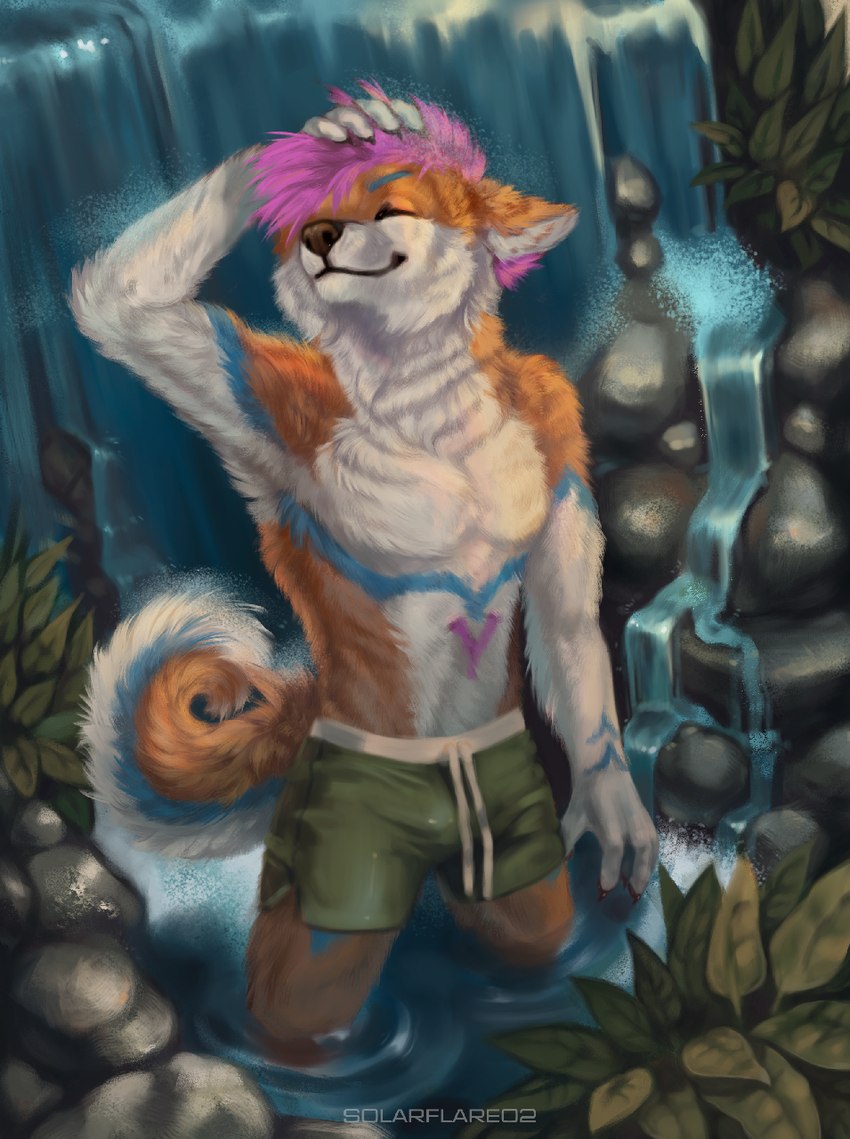 anthro boxers_(clothing) claws clothed clothing eyes_closed fluffy fluffy_tail happy male nature outside partially_submerged smile solo standing_in_water tail topless underwear water waterfall wet solarflare02 canid canine canis mammal wolf hi_res signature